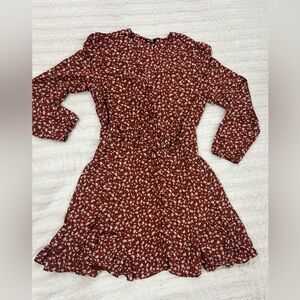 Miss Me Burgundy Floral Flounce Hem Long Sleeve Dress